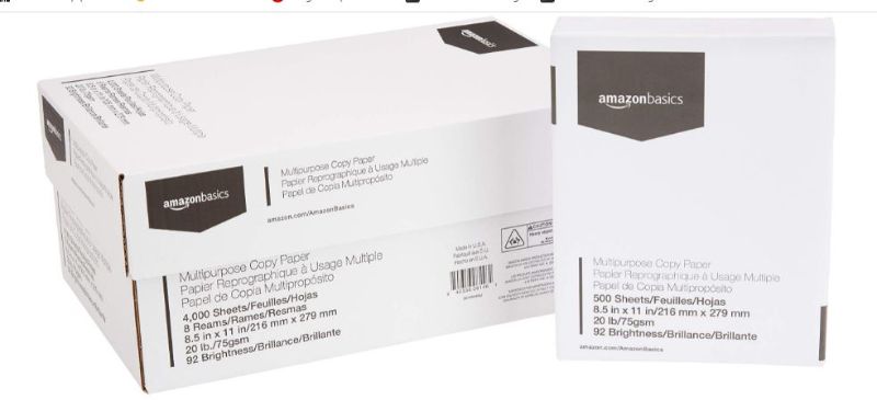 Photo 1 of AmazonBasics Multipurpose Copy Printer Paper - White, 8.5 x 11 Inches, 8 Ream Case (4,000 Sheets)
