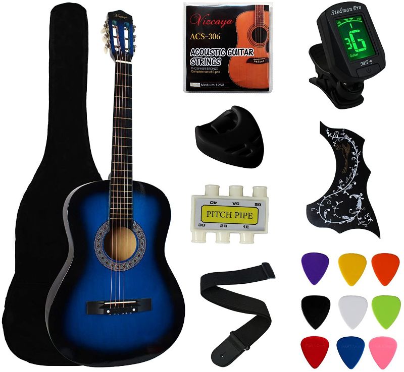 Photo 1 of YMC 38" Blue Beginner Acoustic Guitar Starter Package Student Guitar with Gig Bag,Strap, 3 Thickness 9 Picks,2 Pickguards,Pick Holder, Extra Strings, Electronic Tuner -Blue
