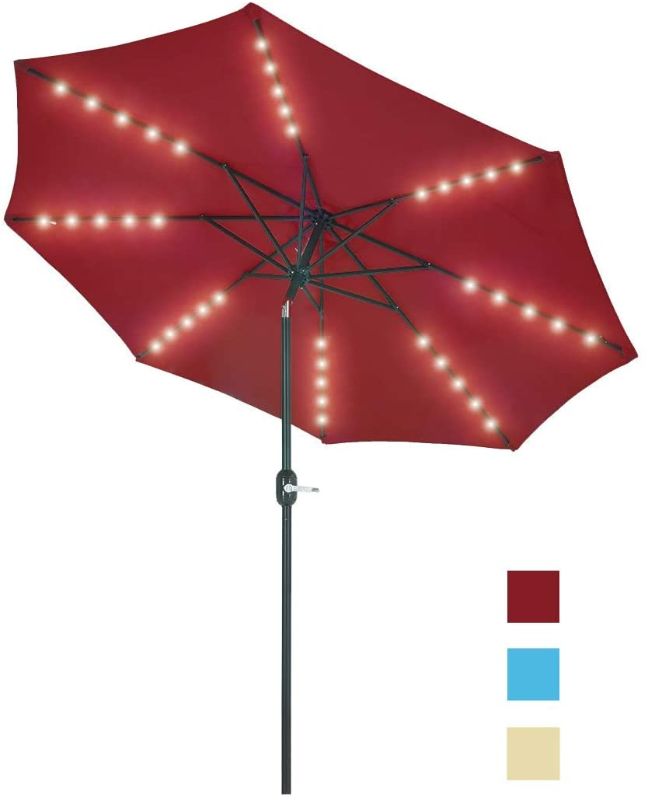 Photo 1 of Patio Watcher 9 Feet Solar Umbrella 40 LED Lighted Patio Umbrella Outdoor Umbrella Market Table Umbrella with Push Button Tilt and Crank, 8 Steel Ribs, Red
