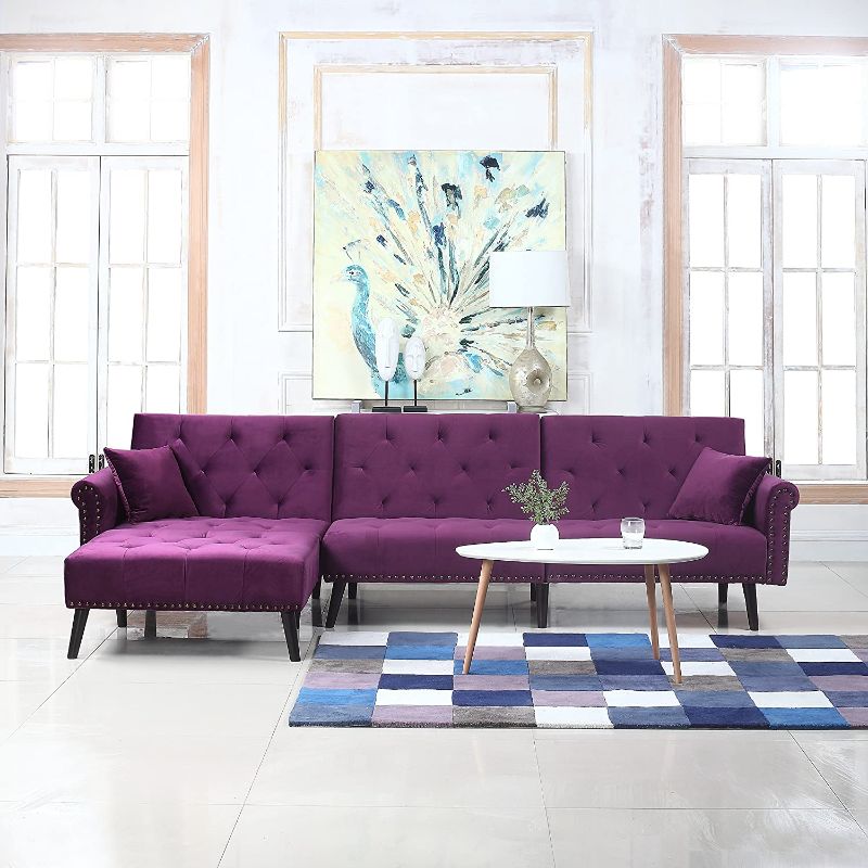 Photo 1 of Divano Roma Furniture Middle Century Modern Style Velvet Sleeper Futon Sofa, Living Room L Shape Sectional Couch with Reclining Backrest and Chaise Lounge (Purple) 2/2
