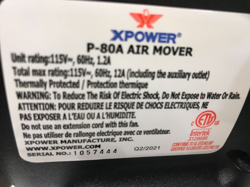 Photo 4 of Xpower P-80A-Black 600 CFM Multipurpose Mini Mighty Utility Air Mover Blower