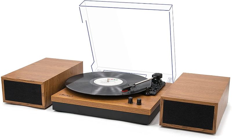 Photo 1 of LP&No.1 Retro Bluetooth Record Player with Stereo External Speakers, 3-Speed Belt-Drive Turntable for Vinyl Records with Wireless Playback and Auto-Stop, Yellow Wood
