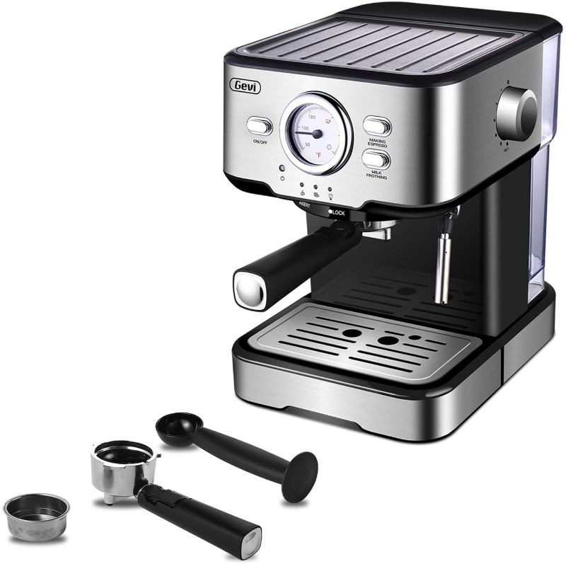 Photo 1 of Gevi Espresso Machine 15 Bar Coffee Machine with Foaming Milk Frother Wand for Espresso, Cappuccino, Latte and Mocha, Steam Espresso Maker For Home Barista, Adjustable Milk Frothing and Double Temperature Control System, Stainless Steel, 1100W
