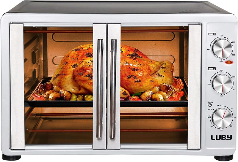Photo 1 of LUBY Large Toaster Oven Countertop, French Door Designed, 55L, 18 Slices, 14'' pizza, 20lb Turkey, Silver
