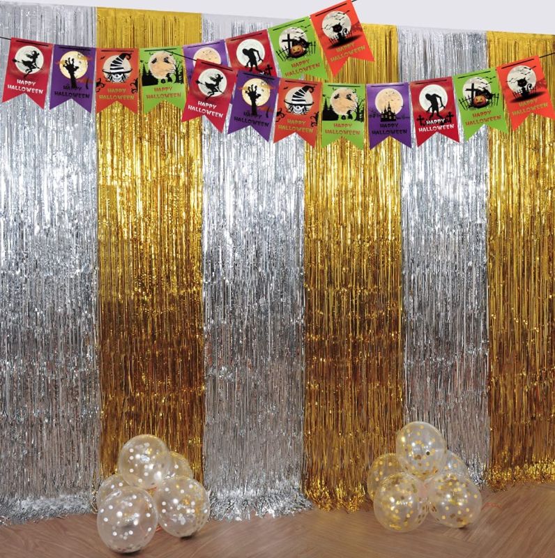 Photo 1 of 2 pack -Gold Silver Tinsel Foil Fringe Curtains Halloween Party Decorations Photo Backdrop 2 Pack Tinsel Curtain 10 Pcs Balloon Set for Birthday Christmas Wedding Engagement Anniversary Party
