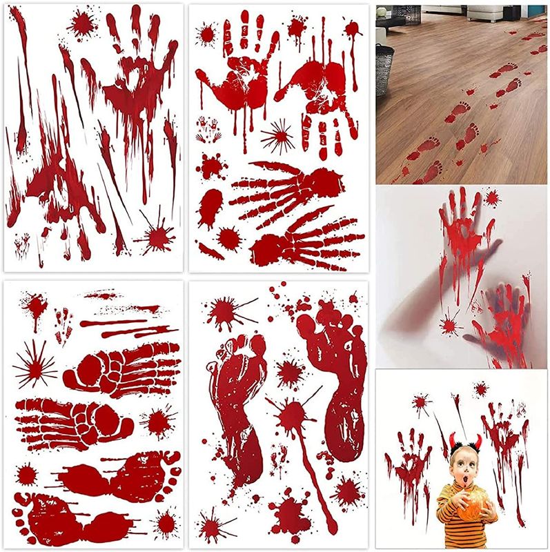 Photo 1 of 3 pack - 138 Pcs Plus Size Halloween Bloody Footprints Handprint Decal, Halloween Window Decoration, Bloody Handprint Decal, Halloween Wall Decor, Removable Template Showcase Clings
