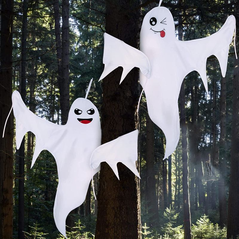 Photo 1 of 2 pack - Hanging Halloween Ghost Decorations, 47" Bendable Tree Wrap Ghost Decor Halloween Porch Decor Friendly Spooky Outdoor Decorations for Halloween Yard Tree Party Supplies (2 Pack)
