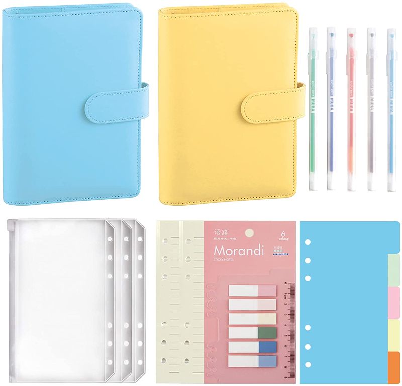Photo 1 of 225PCS A6 PU Leather Notebook Binder Set, Refillable Loose Leaf Zipper Pocket 90 A6 Loose Leaf Paper, Binder Planner Envelopes with 5 Colored Paging Paper, 120 Neon Page Markers, 5 Colored Pens(B,Y)
