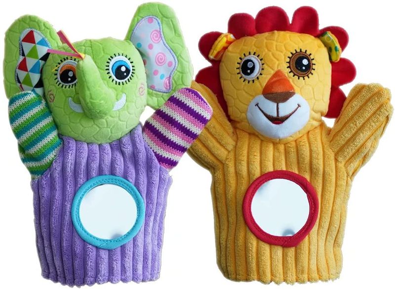 Photo 1 of Lion and Elephant Puppets Set with Ring Rattle and Distorting Mirror for Imaginative Play, Storytelling, Teaching,Preschool & Role-Play,10"
