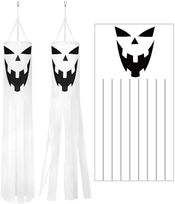 Photo 1 of  2 Pack 40 Inch Halloween Ghost Windsock Flag Halloween Hanging Decorations Halloween Windsock Outdoor Hanging Decoration for Front Yard Patio Lawn Garden Party Decor
