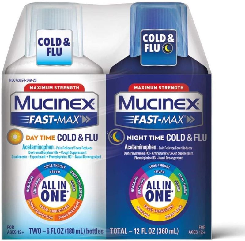 Photo 1 of Mucinex Fast-Max Day Time Cold & Flu and Night Time Cold & Flu Liquid Medicine, 12 fl oz, Maximum Strength All in One Multi Symptom Relief for Congestion, Sore Throat, Headache,Cough and Reduces Fever EXPIRES 2/2022
