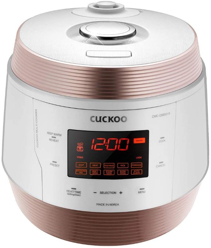 Photo 1 of Cuckoo CMC-QSB501S, Q5 Premium 8 in 1 Multi (Pressure, Slow, Rice Cooker, Browning Fry, Steamer, Warmer, Yogurt, Soup Maker) Stainless Steel, Mad, Q50 Stainless Non-Stick Coating, GOLD/WHITE
