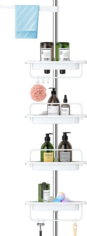 Photo 1 of ALLZONE Rustproof Shower Caddy Corner for Bathroom,Bathtub Storage Organizer for Shampoo Accessories,4-Tier Adjustable Shelves with Tension Pole,56 to 113 Inch, White
