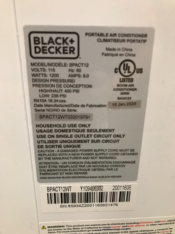 Photo 1 of BLACK+DECKER 6,500 BTU DOE (12,000 BTU ASHRAE) Portable Air Conditioner with Remote Control, White