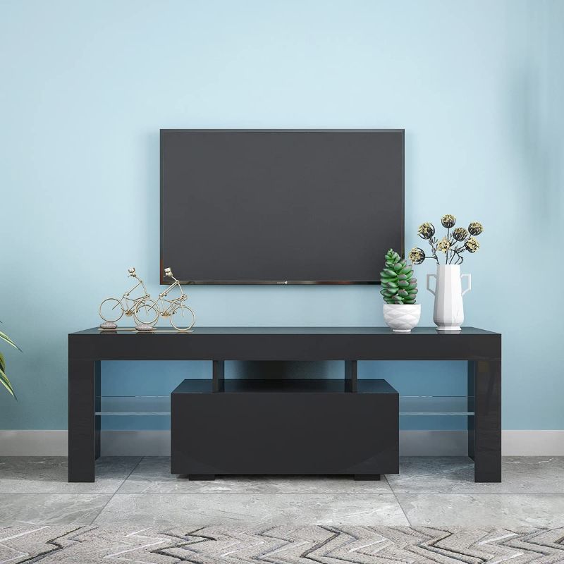 Photo 1 of Black TV Stand with LED RGB Lights,Flat Screen TV Cabinet, Gaming Consoles - in Lounge Room, Living Room and Bedroom(Black)?W33115870
