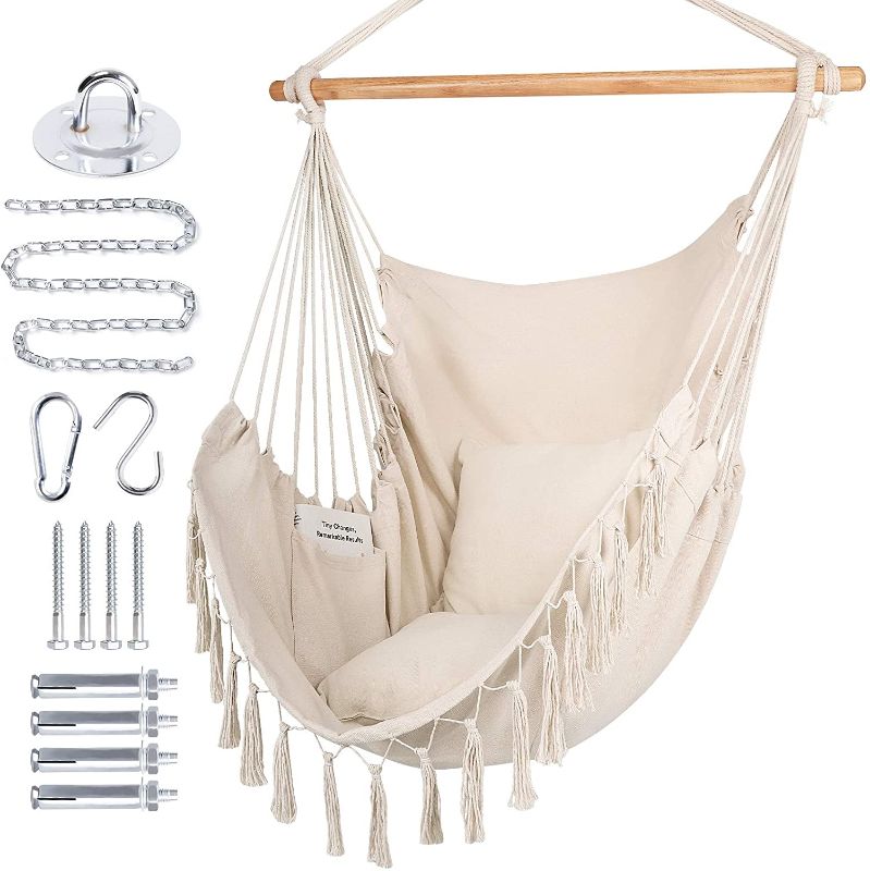 Photo 1 of BHome Extra Large Hammock Chair Swing with Hardware Kit, Hanging Macrame Chair Cotton Canvas, Include Carry Bag & Two Soft Seat Cushions, for Bedroom...
Color:Beige