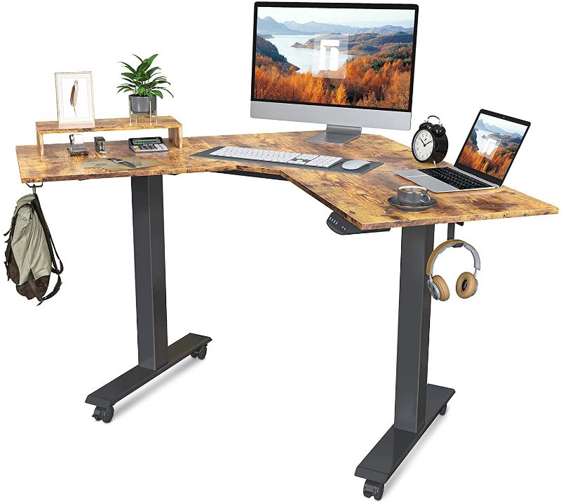 Photo 1 of FEZIBO Dual Motor L-Shaped Electric Standing Desk, 48 Inches Height Adjustable Corner Desk, Full Sit Stand Home Office Table with Splice Board, Black Frame/Rustic Brown Top
