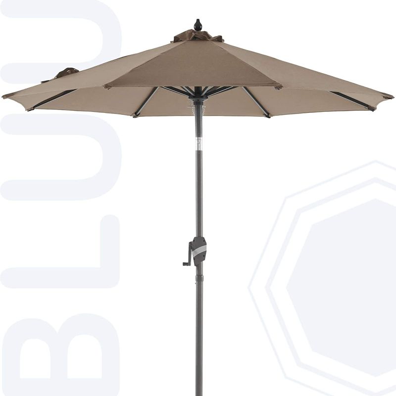 Photo 1 of BLUU Sunbrella 9 FT Aluminum Patio Umbrella Outdoor Market Table Umbrellas Aluminum Frame with Push Button Tilt, Crank Lift & Ventilation,  Nonfading Sunbrella Canopy Canvas Taupe
