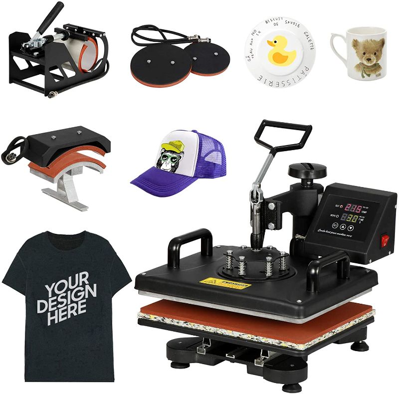 Photo 1 of F2C Pro 5 in 1 Combo Heat Press Machine T-Shirt Hat Cap Mug Plate Digital Transfer Sublimation Machine New Black (5 in 1 Swing Away)