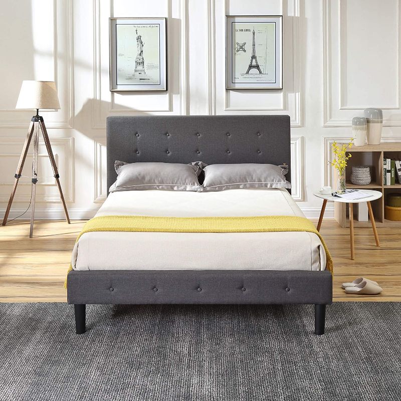 Photo 1 of Modern Sleep Cambridge Upholstered Platform Bed Headboard and Metal Frame with Wood Slat Support Grey, Multiple Sizes