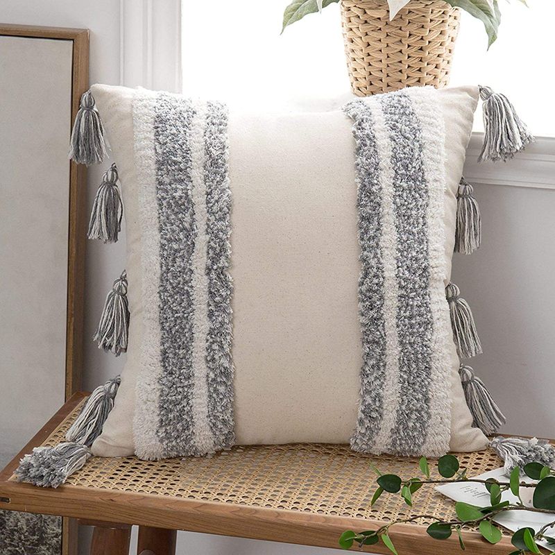 Photo 1 of ANRODUO 1 Piece Boho Decorative Throw Pillow Covers Woven Tribal Tufted Pillowcase Bohemian Tasseled Sham Cushion Case for Sofa Couch Bed Living Room 18 x 18 Inch 45 x 45 cm Grey
