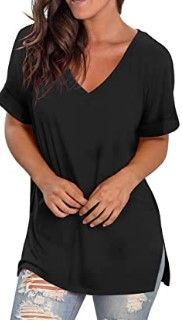 Photo 1 of SAMPEEL Women's V Neck T Shirt Rolled Sleeve Side Split Tunic Tops
