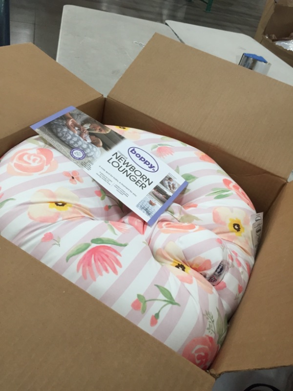 Photo 1 of Boppy Newborn Lounger—Original | Lightweight Plush Chair with Carrying Handle | Infant Seat for Awake Time | Wipeable and Machine Washable | Pink Flowers on Pink and White Stripes
