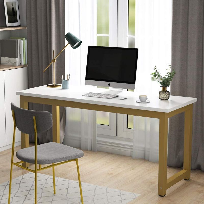 Photo 1 of Tribesigns Computer Desk, 63 inch Large Office Desk, Study Writing Table for Home Office, Easy Assemble, White Gold
