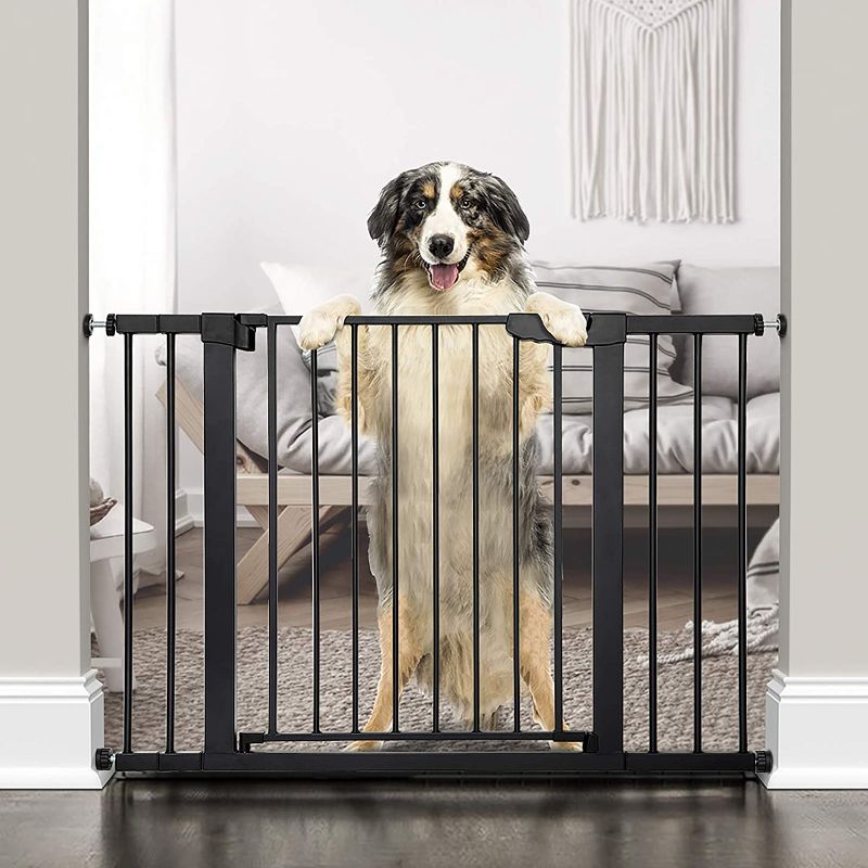 Photo 2 of Cumbor 46” Auto Close Safety Baby Gate, Extra Tall and Wide Child Gate, Easy Walk Thru Durability Dog Gate for The House, Stairs, Doorways. Includes 4 Wall Cups, 2.75-Inch and 8.25-Inch Extension
