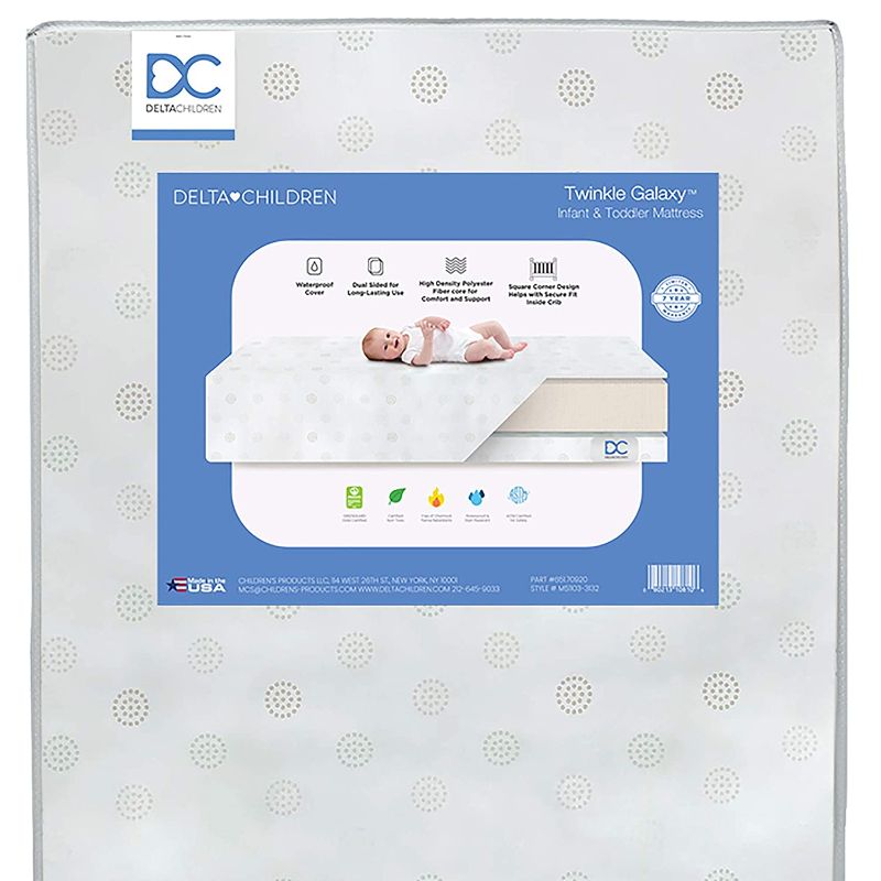 Photo 1 of Delta Children Twinkle Galaxy Dual Sided Premium Recycled Fiber Core Crib and Toddler Mattress - Waterproof - Hypoallergenic - GREENGUARD Gold Certified (Non-Toxic) - 7 Year Warranty - Made in USA
