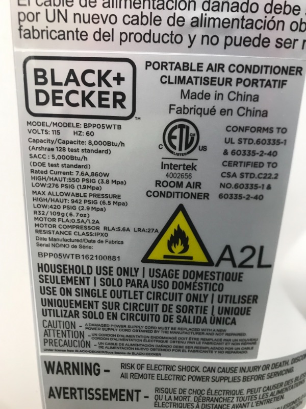 Photo 3 of BLACK+DECKER BPP05WTB Portable Air Conditioner with Remote Control
**MISSING COMPONENTS**