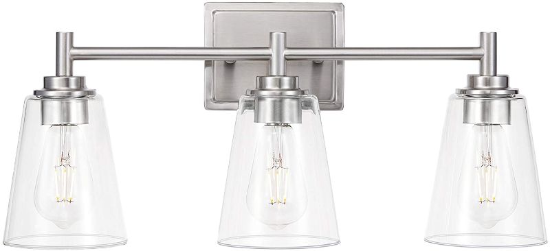 Photo 1 of 3-Light Bathroom Vanity Light Fixture Brushed Nickel Wall Sconce with 6.25’ Clear Glass Shade ( bulbs more rounded. )