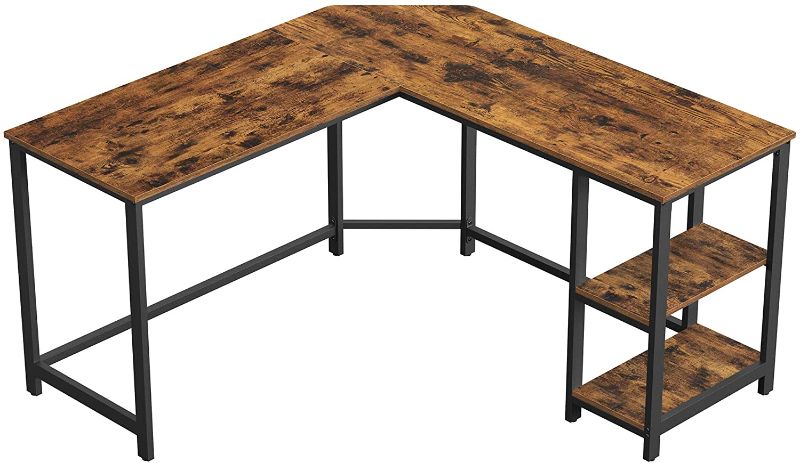 Photo 1 of VASAGLE Computer Desk, 54-Inch L-Shaped Corner Desk, Writing Study Workstation with Shelves, Home Office, Industrial Style PC Laptop Table, Space-Saving, Easy to Assemble, Rustic Brown ULWD72X DIRTY BOX. 
