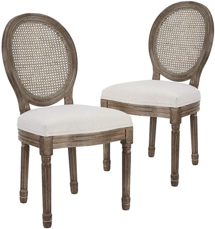 Photo 1 of CangLong Farmhouse Dining Room Accent Chairs French Distressed Bedroom Chairs with Round Rattan Back Elegant Kitchen Chairs Side Chair, Set of 2 , Rattan Back in Beige
