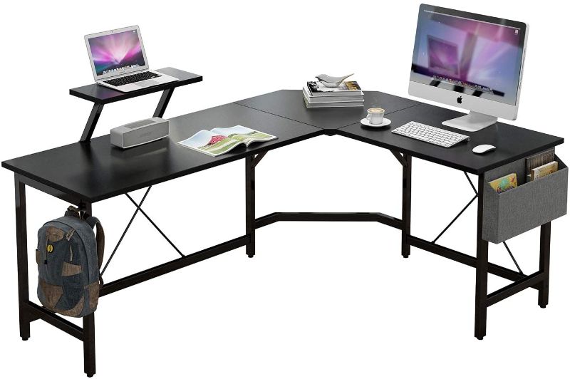 Photo 1 of CAIYUN L Shaped Corner Desk,59 inches Computer Desk with Monitor Stand, Home Office Desk with Storage Bag and Iron Hook(Black Frame Black Top)
