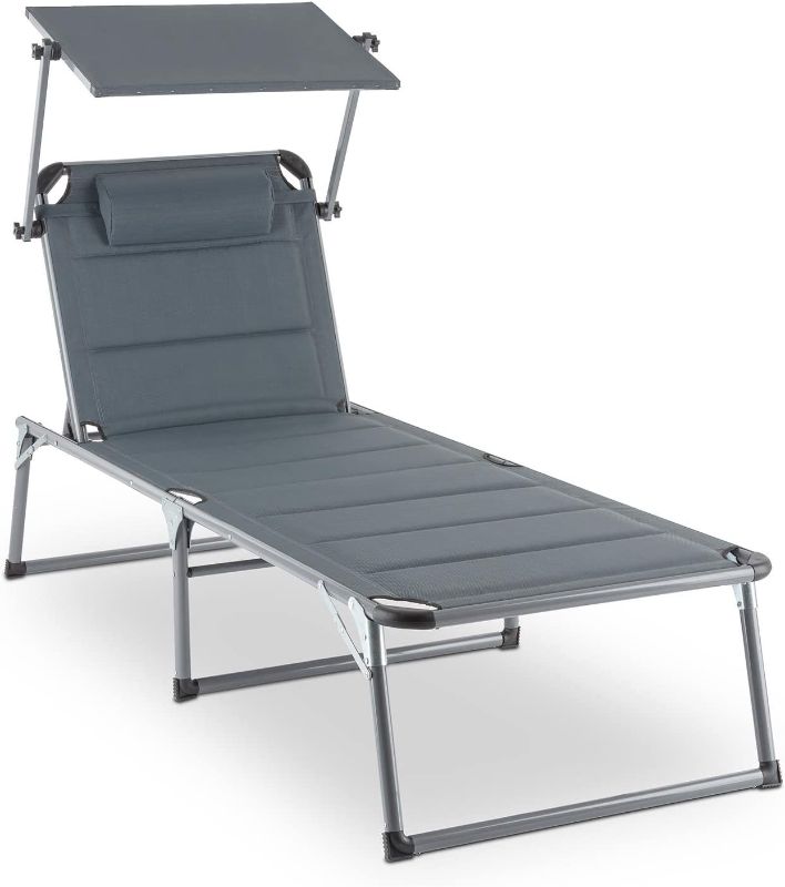 Photo 1 of BLUMFELDT Amalfi, Outdoor Portable Folding Lounge Chair, 5 Reclining Positions, Sunshade, Adjustable Pillow, Resistant Polyester Cover, Noble Grey
