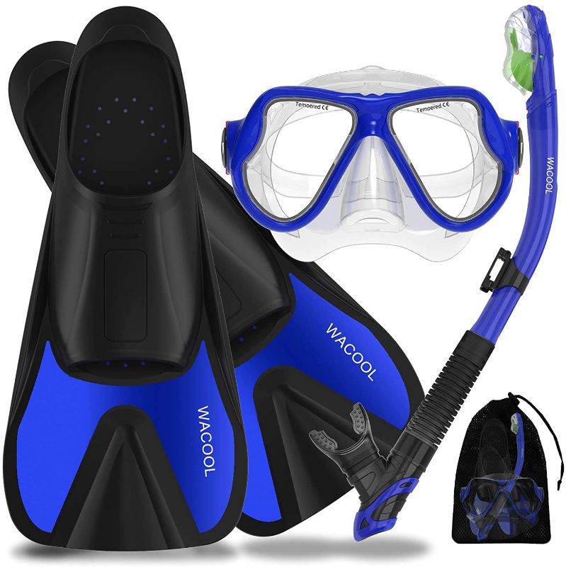 Photo 1 of WACOOL Adults Snorkeling Snorkel Scuba Diving Package Set Gear with Travel Full Foot Short Swim Pocket Fins Anti-Fog Coated Glass Silicon Mouth Piece Purge Valve and Anti-Splash
INCOMPLETE: MISSING SWIM FINS.