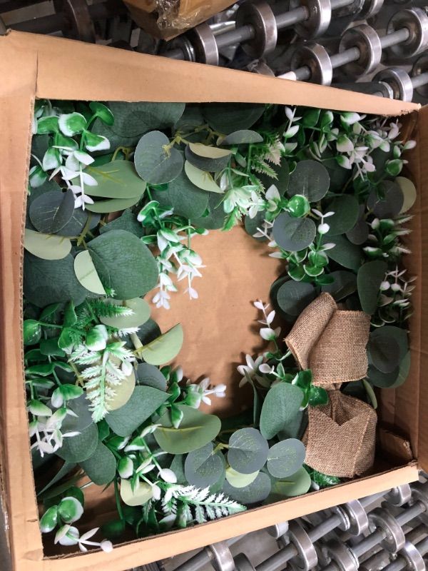 Photo 1 of PurpleSwan 15" Wreath, Artificial Green Leaf Eucalyptus Wreath, Wreaths for Spring/Summer/All Season, Farmhouse Decor for Front Door, Ornaments for Outdoor/Indoor/Wall/Window/Porch/Home Decoration.
