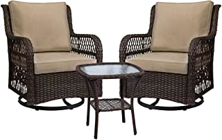 Photo 1 of 3 Pieces Outdoor Wicker Swivel Rocker Patio Set, IDEALHOUSE 360 Degree Swivel Rocking Chairs Elegant Wicker Patio Bistro Set with Premuim Cushions and Armored Glass Top Side Table for Backyard (Beige)
