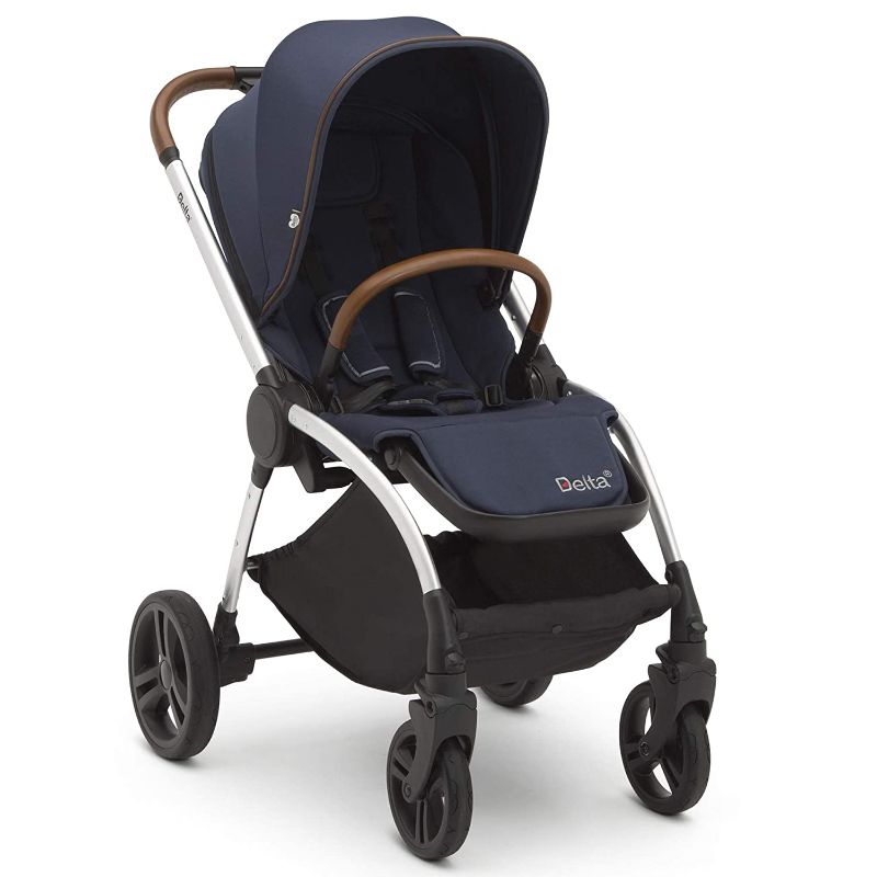Photo 1 of Delta Children Revolve Reversible Stroller, Navy - Leather Handlebar; One Hand Easy Fold; Lightweight Shock-Absorbing Frame; Reclining Seat and Adjustable Footrest
