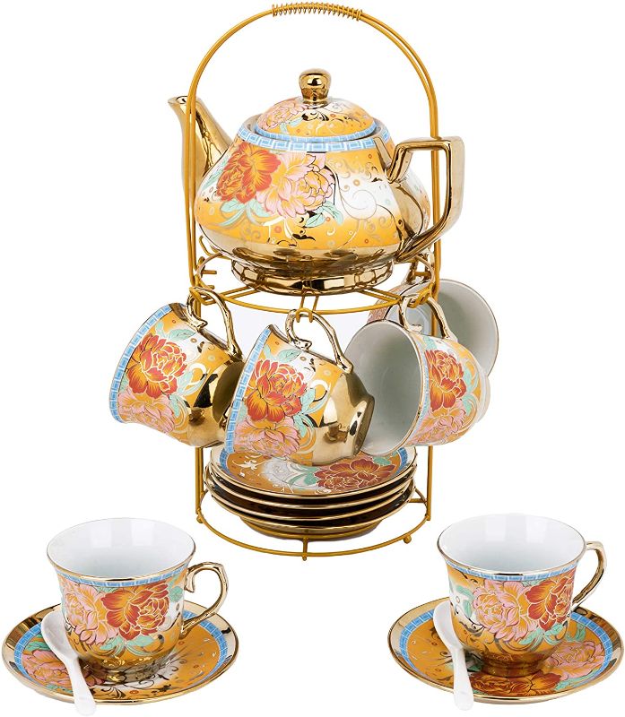 Photo 1 of 20 Piece European Ceramic Tea Set Porcelain Tea SetWith Metal Holder,flower tea set Peony Painting Round portable shelf mini set 