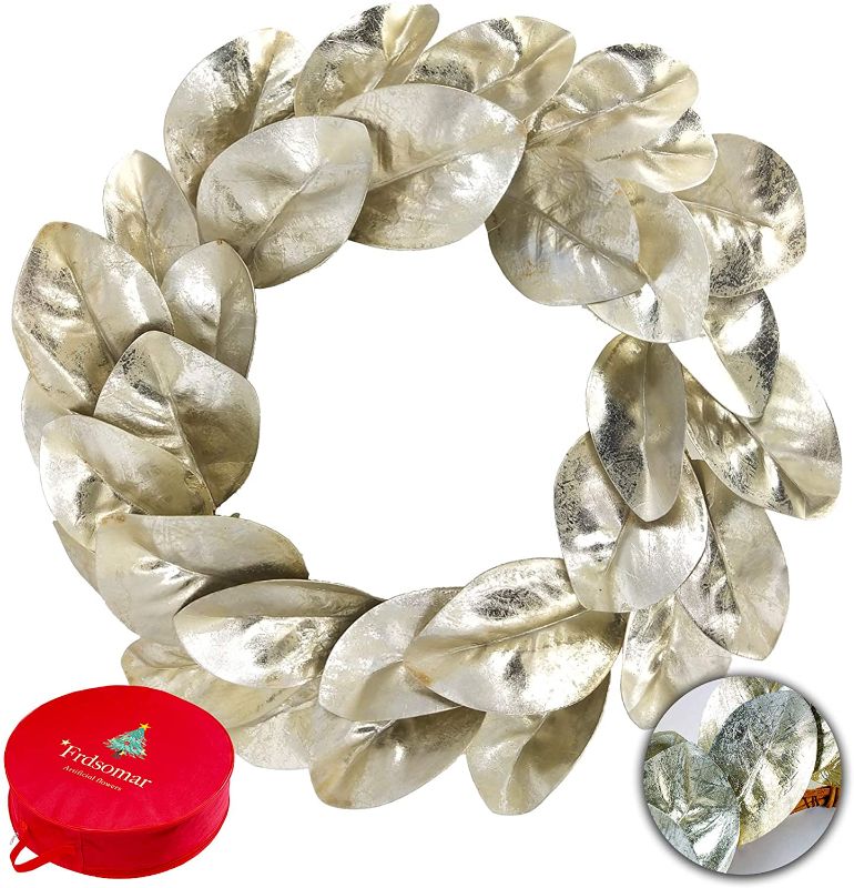 Photo 1 of Frdsomar 21 Inch Holiday Wreath with Storage Container for Front Door, Artificial Wreath with Silver Leaves, Winter Wreaths for Indoor, Outdoor Decor, Windows and Wall, Fireplace Decoration
