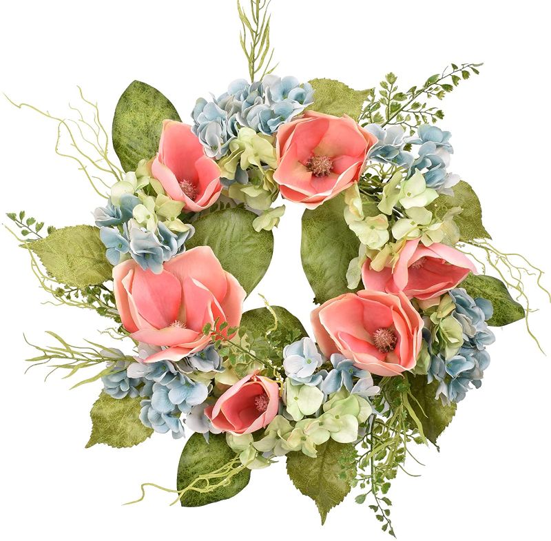 Photo 1 of ALLHANA Blue Hydrangea Magnolia Wreath for Front Door, 22 Inch Artificial Spring Green Leaves Summer Wreaths for All Seasons Farmhouse Home Wall Window Decor
