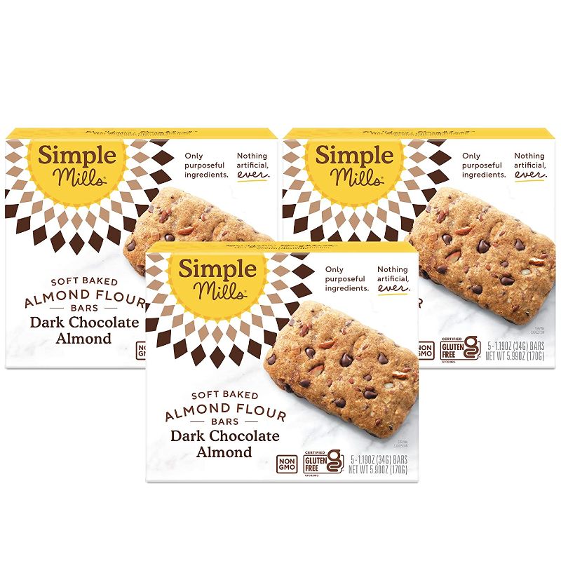 Photo 1 of  Simple Mills Almond Flour Snack Bars (Dark Chocolate Almond), Organic Coconut Oil, Chia Seeds, Sunflower Seeds, Flax Seeds, Breakfast Bars, Good for Snacks, 3 Count (Packaging May Vary)
