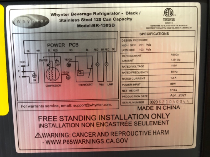 Photo 1 of Whynter BR-130SB - Beverage Refrigerator, Stainless Steel, Internal Fan, 120 Cans Capacity, 33"H