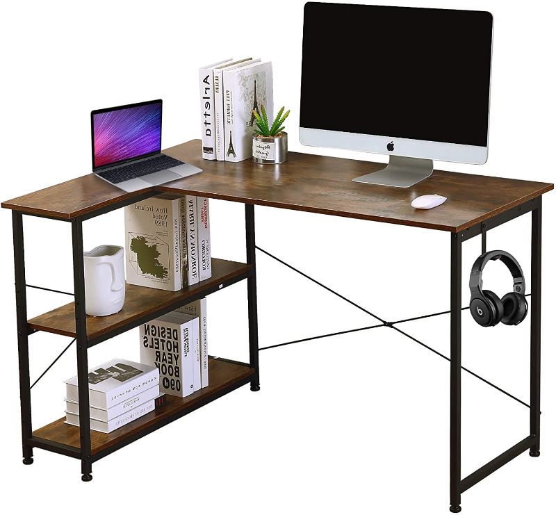 Photo 1 of JUZI Computer Desk, 47 inch L-Shaped Corner Desk with Storage Shelves, Study Writing Table for Home Office, Small Spaces, Easy to Assemble,Rustic Brown