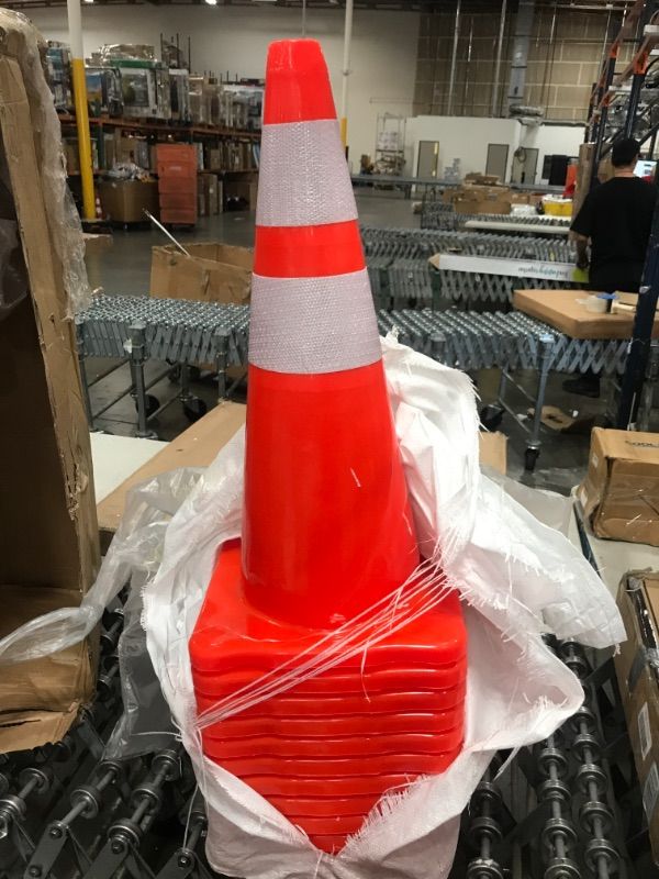 Photo 2 of 12 Pack 28" Traffic Cones Plastic Road Cone Safety Road Parking Cones Weighted Hazard PVC Cones Construction Cones for Traffic Fluorescent Orange w/4" w/6" Reflective Strips Collar (12)