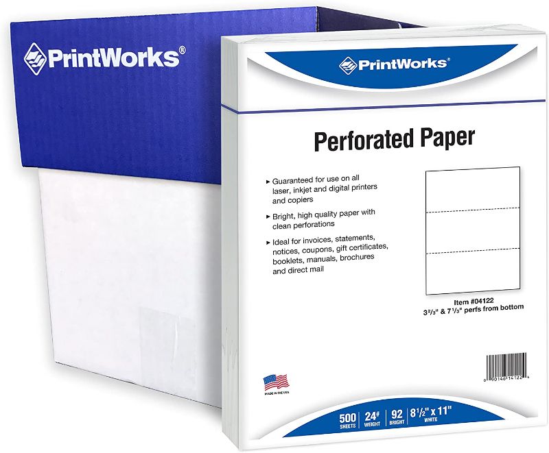 Photo 1 of PrintWorks Professional Perforated Paper for Statements, Invoices, Gift Certificates, Coupons and More, 8.5 x 11, 24 lb, 2 Horizontal Perfs 3 2/3" and 7 1/3" From Bottom, 2500 Sheets, White (04122C)
