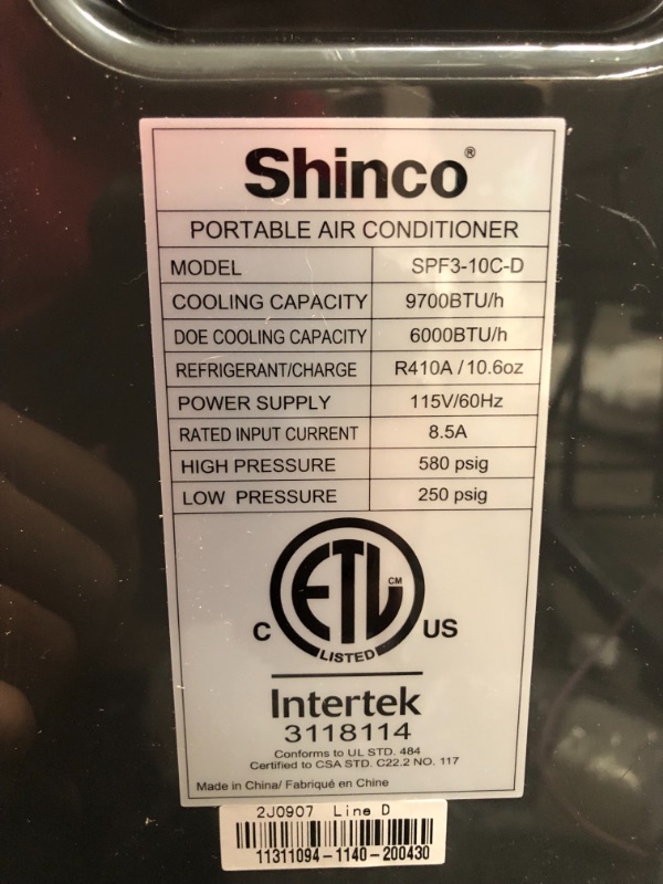 Photo 4 of Shinco 8,000 BTU Portable Air Conditioner with Built-in Dehumidifier Function,Fan Mode, Quiet AC Unit Cools Rooms up to 200 sq.ft, LED Display, Remote Control, Complete Window Mount Exhaust Kit
**NO COOL AIR**