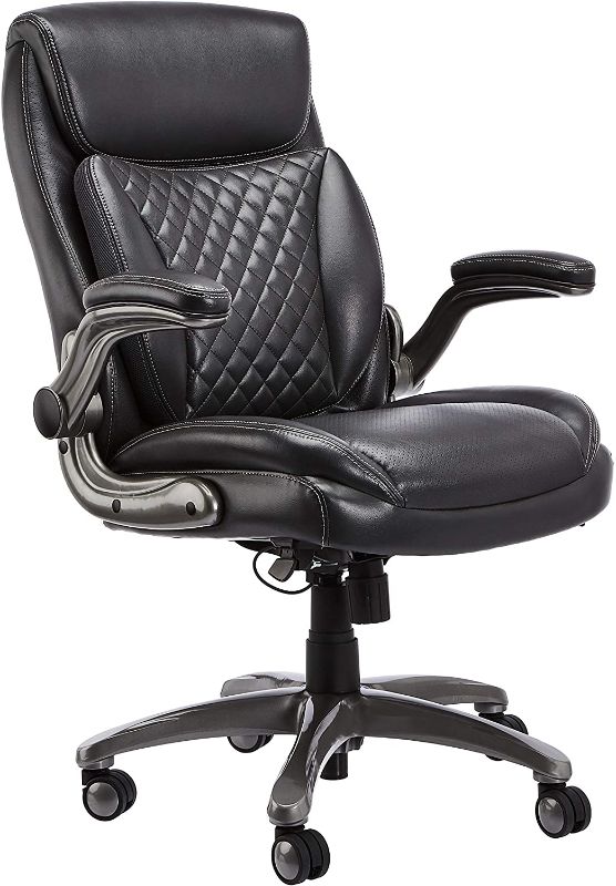 Photo 1 of AmazonCommercial Ergonomic High-Back Rhombus-Stitched Leather Executive Chair, with Flip-up Armrests and Motive Lumbar Support, Grey
